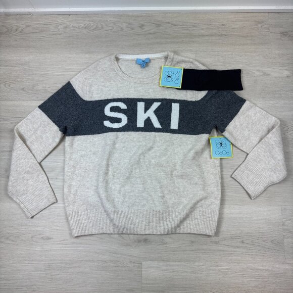 CeCe SKI Motif Crew Neck Sweater Womens Medium Ivory W/ Headband Apres Lodge - Picture 1 of 5